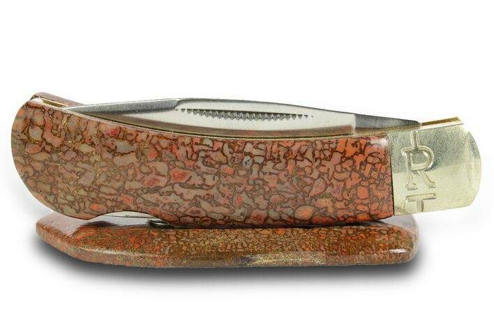 Pocket Knife with Fossil Dinosaur Bone Inlays & Base #370746